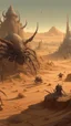 Placeholder: a big and wild spider and wolfs in the forgotten desert in medieval times, in anime style Bosch nightmares