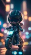 Placeholder: A cute Kawaii tiny hyper realistic baby robocop riding mini harley davidson, wearing bikers clothes with freestyle action, night of cyberpunk city background. wide angle full body, 8k, Cinematography, photorealistic,epic composition Unreal Engine,Cinematic, Color Grading, Portrait Photography,Ultra-Wide Angle, Depth of Field, hyper detailed