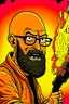 Placeholder: Firestarter animateur radio hardrock with a microphone. He has no hair. He has a beard. Je has glasses. He's about 50 years. Seems angry. Flames all around