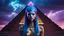 Placeholder: Hyper Realistic Photographic-View of a Beautiful-Alien-Cleopatra with glowing-blue-hair-&-devilish-eyes standing outside her pyramid with purple-cloudy-sky at dark-rainy-night dramatic & cinematic ambiance