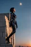 Placeholder: Photo Of A slim Woman With Black Hair, Wearing an android-looking suit, standing sideways On a ledge of a building, with a waning moon Behind Her Head, sunset with small clouds