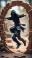 Placeholder: portrait of wilderness ninja stepping through portal wearing clawed shoes, we can only see part of him on this side of the portal, he is throwing ninja stars that looks like cookies, bokeh like f/0.8, tilt-shift lens 8k, high detail, smooth render, down-light, unreal engine, prize winning