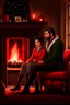 Placeholder: Fire place Christmas scene, dark haired couple, man with short black beard, blue eyes, cozy