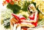 Placeholder: woman in red swimsuit reading a book in a beautiful garden in sunshine style Vittorio Giardino, stylized pen drawing and watercolor