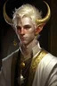 Placeholder: A young tiefling man with White-Blonde, short hair, black eyes, dressed in white and gold with lots of jewelry, beautiful, no horns