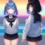 Placeholder: Clear focus,High resolution, Black and Rainbow short fluffy hair, and rainbow eyes, wearing a sailor uniform, must wear a short skirt with a horizontal line, you can only see her from the back, putting on sweater midway