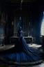 Placeholder: The Countess is a ghost, she has a long, flowing dark blue dress, she is in her castle, Hanging in the castle room, there is a tapestry composed of the preserved faces of the Countess' ancient victims.