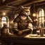 Placeholder: A khajiit with brown spotted fur in a medieval fantasy tavern dressed in rags