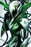 Placeholder: Cyborg symbiote, white color, green color, tendrils, high tech, cyberpunk, biopunk, membrane wings, carbon fiber, cyber tentacles, and the other two.