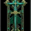 Placeholder: simple stylized Scandinavian artifact sword in the style of tarot and art deco, turquoise and gold colours, black background