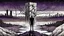 Placeholder: inner an giant block of stone of several layers a human figure stands alone , in outside around weird landscape with city in the distance, sharp lines, fade pale eyes, fade human figures in city, dark purple, gray, black, white, brown. Whimsical style and surreal vibe, lonely with absurd broken land, neuron network background, surreal nightmare vibe