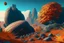 Placeholder: autumn vegetation, one exoplanet in the horizon, big stones, cliff, surrealistic, sci-fi.