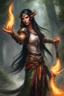 Placeholder: Generate a photo of a powerful eladrin Druid. Envision a female with long black hair, half braided and half down, emitting a fiery presence. She wears light armor, preferring agility in tandem with her mastery of fire and magic. A noticeable scar on her face reflects her experiences in battles. Picture her skillfully conjuring fire from her hands, with big, bright red eyes that gleam like flames. The tanned brown skin adds to her warrior aesthetic, embodying strength and elemental prowess.