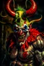 Placeholder: big demon, horns and big arms, wit a clown face painted, terroriffic