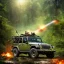 Placeholder: vietnam war. war report. jeep in jungle. poster. bokeh. lens flare. warm lights. high detailed