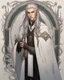 Placeholder: a young High Elf frost Wizard with long wiry hair, wearing a black trimmed white nobleman's robe and frost ornaments on clothes, with a small weasel on his shoulder
