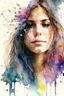Placeholder: watercolor portrait of a woman, lush hair, rain, flowers, umbrella, autumn, paint blots, splashes, tears, plants