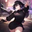 Placeholder: Clear focus,High resolution, Black short fluffy hair, and purple eyes, wearing a black outfit, must wear a short skirt,fighting stance