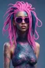 Placeholder: entire body mermaid cyberpunk some fish scales on face pink and indigo hair dreadlock sunglasses