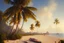 Placeholder: Peder Mork Monsted style, tropical beach, palm trees, palm hut