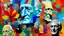 Placeholder: Collage of multiple overlapping faces with various expressions, textures, and colors, featuring a prominent older man face with a flower behind his ear on the right side, set against a colorful abstract background