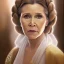 Placeholder: hyperspace background, complete and photo realistic detailed head to waist stunning photo realistic portrait of carrie fisher as Princess Leia in star wars with photo realistic updo hair by Mandy Jurgens and mucha and Richard Schmid and chuck close and chie yoshii, extraordinary and detailed ceremony dress of star wars,brown eyes