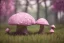 Placeholder: a cute fairy mushroom house pink and blue in the forest, spring time,rabbits, squirrels, light