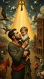 Placeholder: Hieronymus Bosch style , a man holding his young son in romantic trajectories, 4k