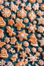 Placeholder: bokeh shot of a bioluminiscent Christmas Cookie figurine | festive and colorful | detailed | made of glass | orange and white colors