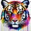 Placeholder: A colorful, abstract and minimal painting of a tiger’s face. The tiger has large eyes, a rainbow patchwork fur, with black outline details giving a scribbled effect. the image is in the middle of a white canvas. The background should be clean and mostly white, with subtle geometric shapes and thin, straight lines that intersect with dotted nodes. The style is expressive and textured, reminiscent of outsider art.