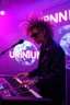 Placeholder: French cool synth player with crazy techno acid hair, he is called "Jean-Maurice Brûlée" performing at dance club, his name is "Jean-Maurice Brûlée" , white and purple Neon lights and purple smog, and "URINIUM" big sign on the wall, he is playing on synthesizers on stage with lot of laser beams and wearing black sunglasses, an earth is projected in background