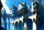 Placeholder: medieval buildings with balconies overhanging lake edge with blue sky and people, photorealism, fantastical, intricate detail, splash screen, concept art