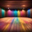 Placeholder: Central Symmetrical View Of A Colorful Wooden Floor & Wooden Wall With Colorful Brush Strokes In An Empty Room With Colorful Stage Lights.