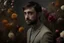 Placeholder: Techwitch, male beard Daniel Radcliffe, spellbinding closeup face portrait, minimalist, celestial tranquility, in the style of avant garde fashion photography, dramatic light, striking rainbow, harmonious composition, conceptual fantasy, intricate details, secret garden flowers, Jeff Wall, Marta Bevacqua