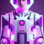 Placeholder: cute man, handsome man in futuristic suits, black and white highlight hair color, pink and purple background, pink lighting, deep purple backlighting, gun, smoke, robot suits