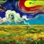 Placeholder: collaboration between Salvador Dali, Vincent Van Gogh, and Jean Baptiste Monge. Swirling rainbow storm clouds over a vast field of long grass and plentiful flowers swaying in the winds.