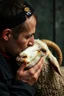 Placeholder: a portrait of a broken head mechanic, kissing a hybrid mixed body part sheep