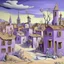 Placeholder: A light purple Day of the Dead themed town painted by Salvador Dali