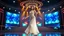 Placeholder: full body shot of a very beautiful Azeri lady with makeup and bob hair, wearing a pretty jewelled long skirt and heels, dancing gracefully on a modern stage with luxury structure and dynamic color lights.