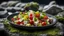 Placeholder: A dish with Greek salad,on a wet rock,moss,dark background,dramatic scene, close up shot