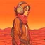 Placeholder: Moebius style scifi pilot girl with headphones, pilot helmet and exosuit solid earthy colors with a desert and dusty station in the background