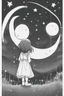 Placeholder: A little girl gazing at the night sky filled with stars and crescent moons. Incorporate stars of different sizes and crescent moons for a dreamy scene..,very happy , Colloring page for todlliers ; basic hawali style cartoon , black and white , ink outlines , , smooth , anime style , minimalist , cute eyes , full body , white shose , sketchbook , realistic sketch , free lines , on paper , character sheet , clean line art high detailed