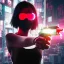 Placeholder: girl pointing gun, metal skin, neon eyes, red lips, on her keen, menacing, cyberpunk city in background, hyper realistic