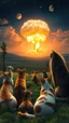 Placeholder: Cats and dogs and a lot of all kind of animals and monkeys and very happy watching a nuke explosion in the distance