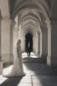 Placeholder: Woman with white hair wearing a white dress, walking down a sunlit stone hall, AND a handsome man in the background lurking in the shadows with long black hair