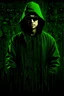 Placeholder: Image that show the bitcoin inventor Satoshi Nakamoto with hacker green matrix background