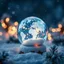 Placeholder: all World Map Globe xmas stunning crystal snowBall in Blue-white Colors and little warm lights inside and around, blur background with snowflakes , and pines, intricate details, beautifully shot, hyperrealistic, sharp focus, 64 megapixels, perfect composition