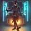 Placeholder: a cyberpunk hacker pirate captain skeleton holding beer bottle with a pirate hat sitting in front of a huge old crt monitor in a dark room , only light coming from crt monitor, highly detailed, intricate, digital art, trending on artstation, trending on cgsociety, by greg rutkowski