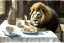 Placeholder: Lion sitting at a table eating garlic and drinking milk. Highly detailed, smooth colours, realistic landscape. Aquarell