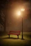 Placeholder: Park at night with lanterns, square bench, and dirt roads, trees, gothic horror films influence, creepy, photography